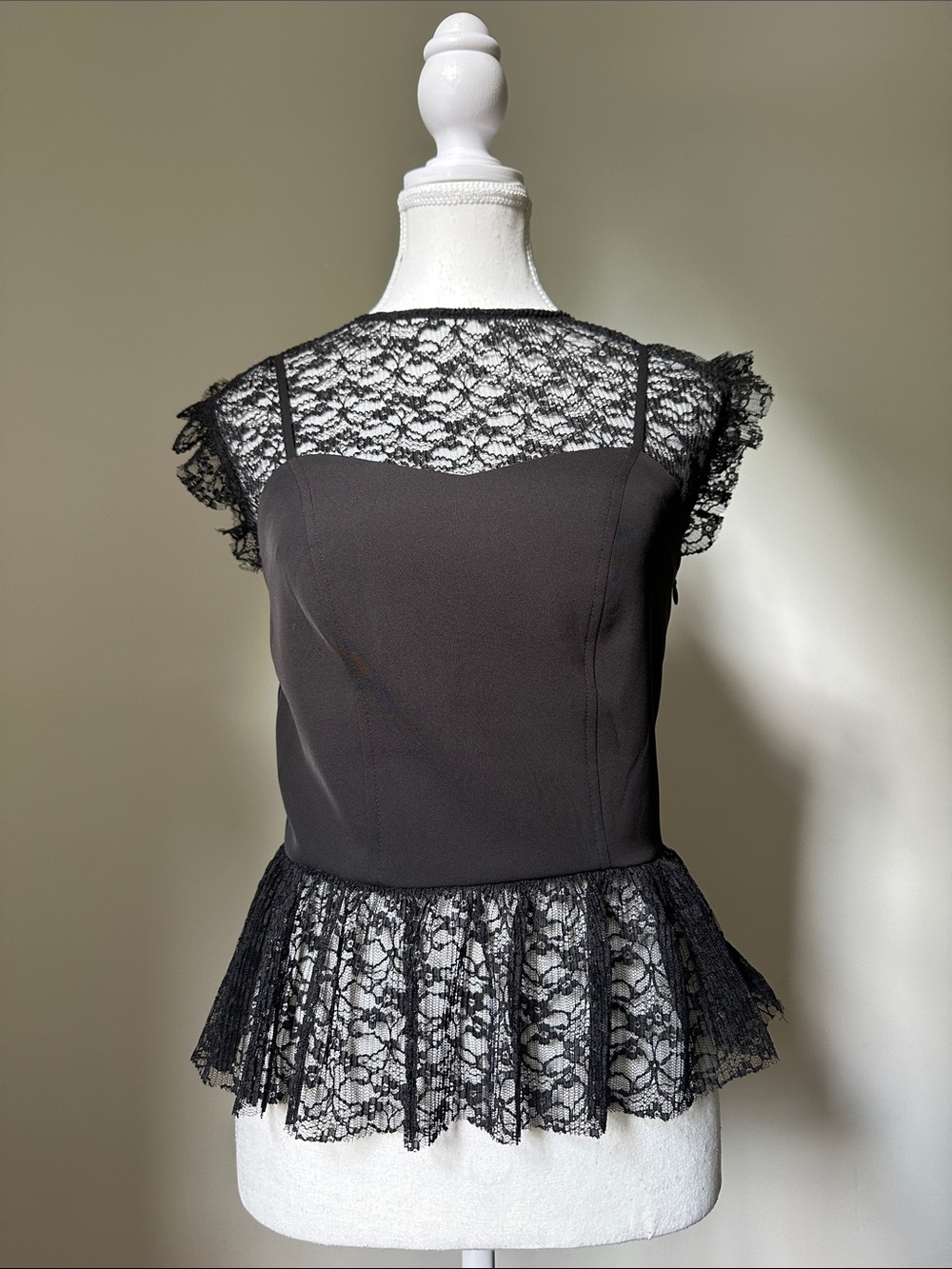 LE CHATEAU Black Whimsigoth Fairy Lace Bustier Ruffle Peplum High Neck Blouse XS